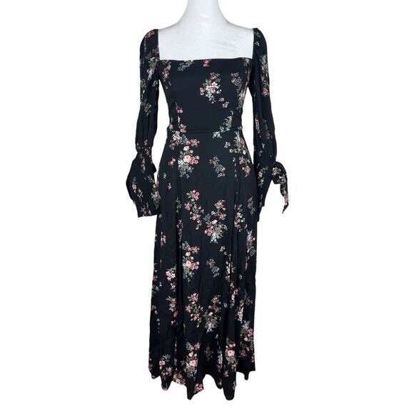 Reformation Aubrey Black Floral Print Midi Dress Tied Cuff Sleeves Slit Size 0 - Picture 3 of 10